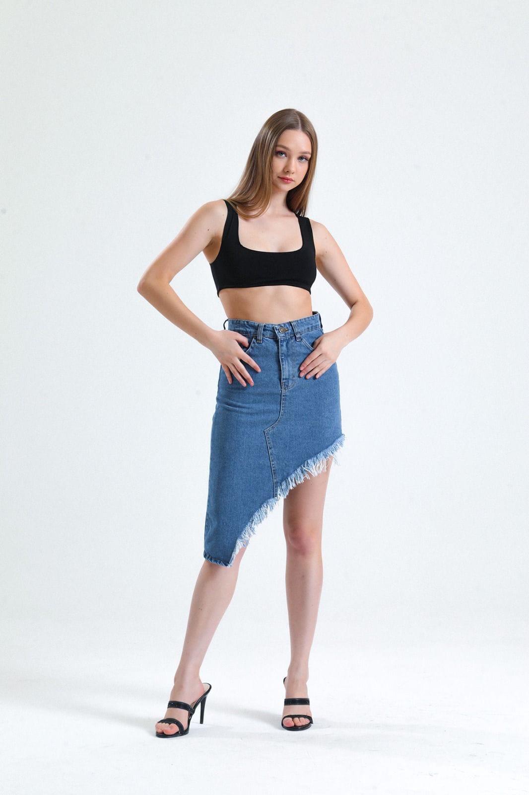 Vovikon KN Püsküllü Denim Mavi Kadın Asimetrik Kot Etek-1