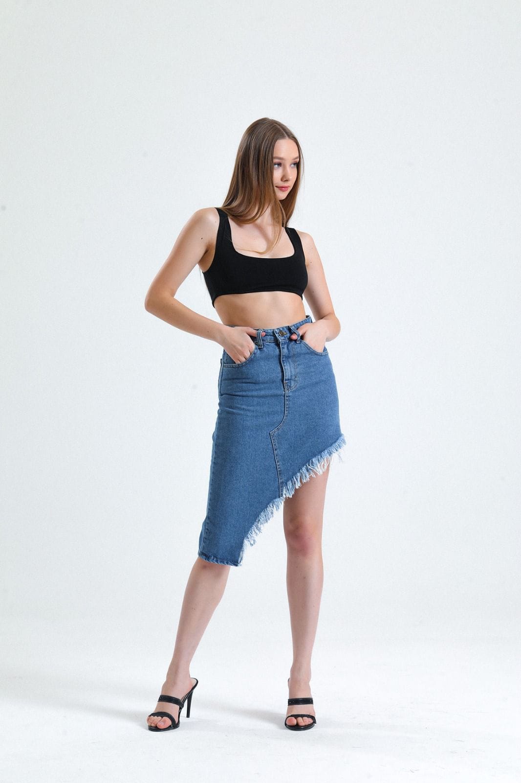 Vovikon KN Püsküllü Denim Mavi Kadın Asimetrik Kot Etek-3