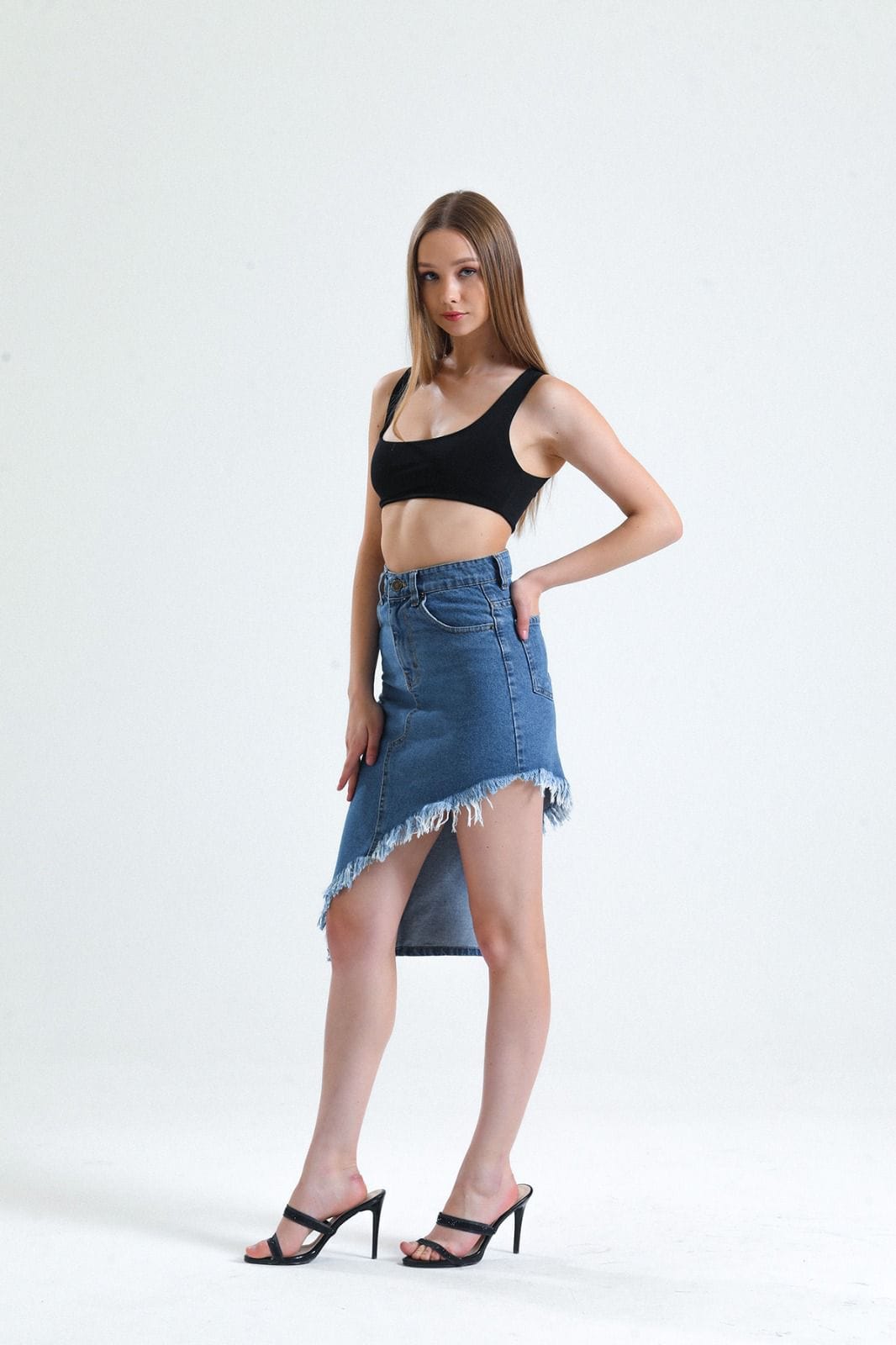 Vovikon KN Püsküllü Denim Mavi Kadın Asimetrik Kot Etek-4