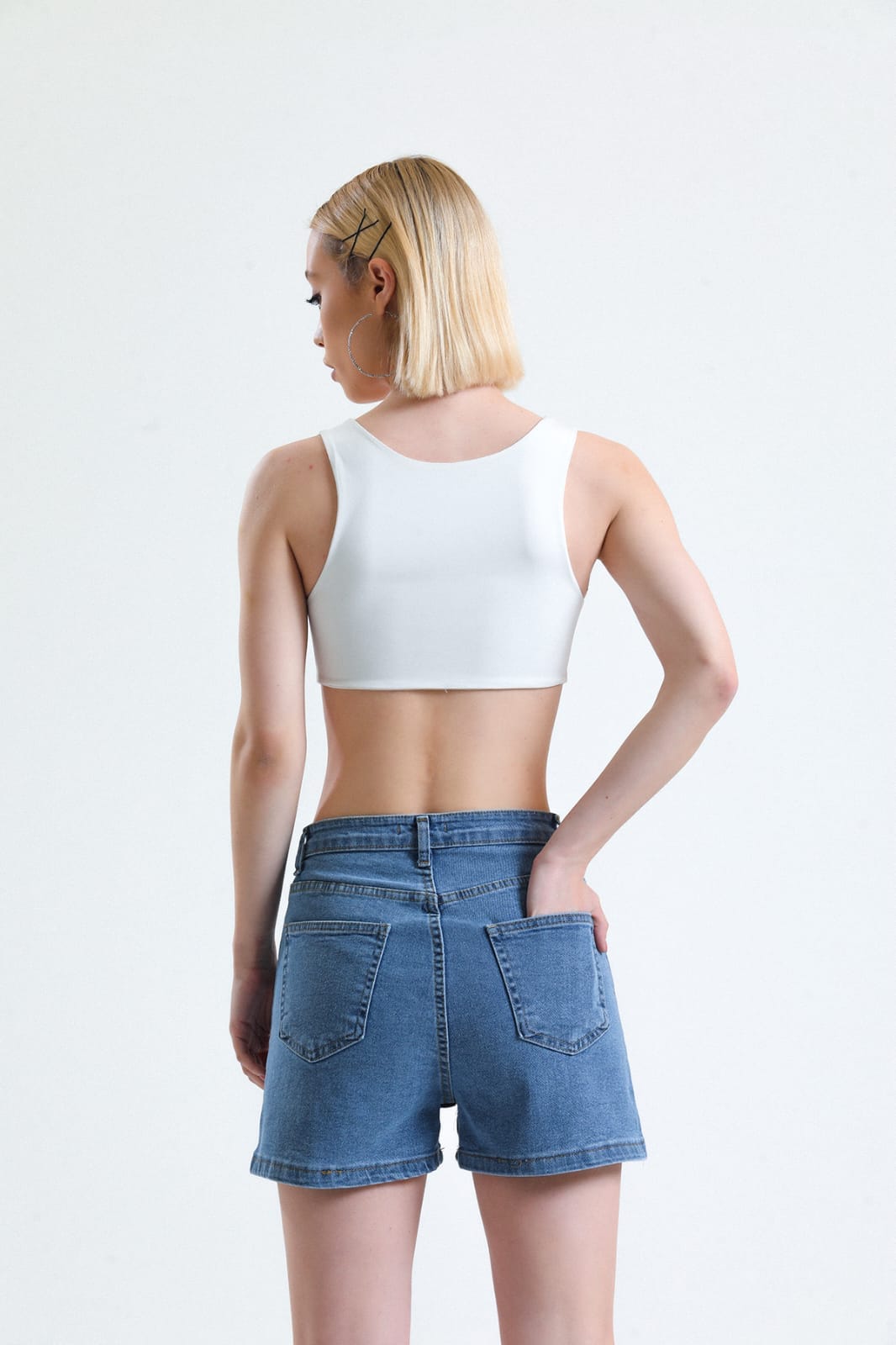 Vovikon KN Yüksek Bel Denim Mavi Kadın Kot Şort-5