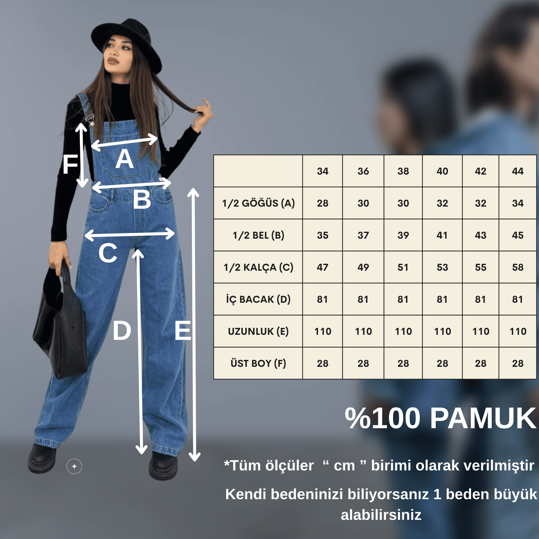 Vovikon KN Bahçıvan Mavi Ön Cepli Askılı Bol Paça Kadın Denim Tulum-10
