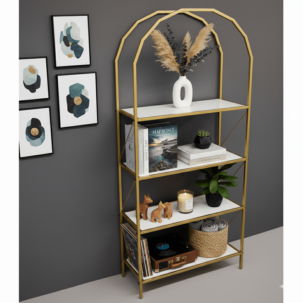 Metal Gold 4 Raflı Kitaplık Oval Sekizgen Çok Amaçlı Dolap-4