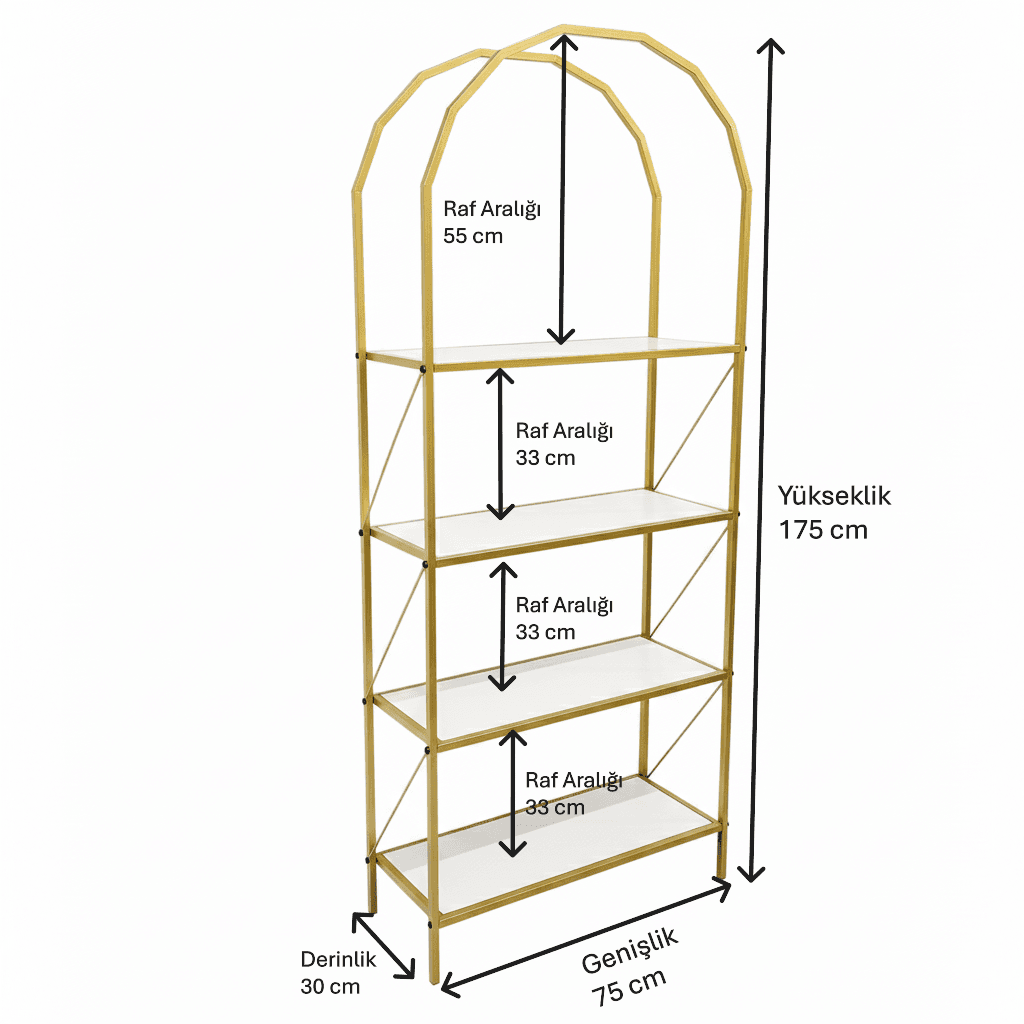 Metal Gold 4 Raflı Kitaplık Oval Sekizgen Çok Amaçlı Dolap-5