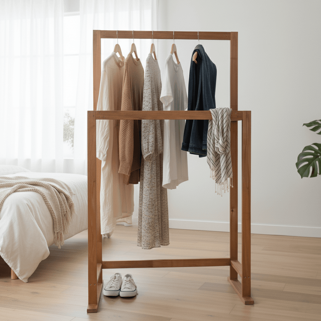 Ahşap Elbise Askısı 2li Kıyafet Askısı Ayaklı Askılık-3