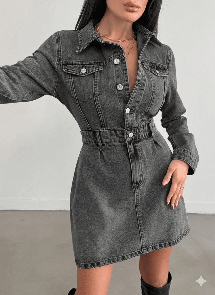 Vovikon Ön Pileli Kar Siyah Denim Elbise-4