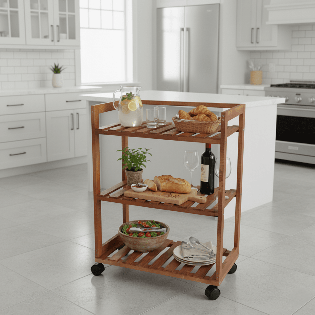 Ahşap Tekerlekli 3 Katlı Servis Arabası-1