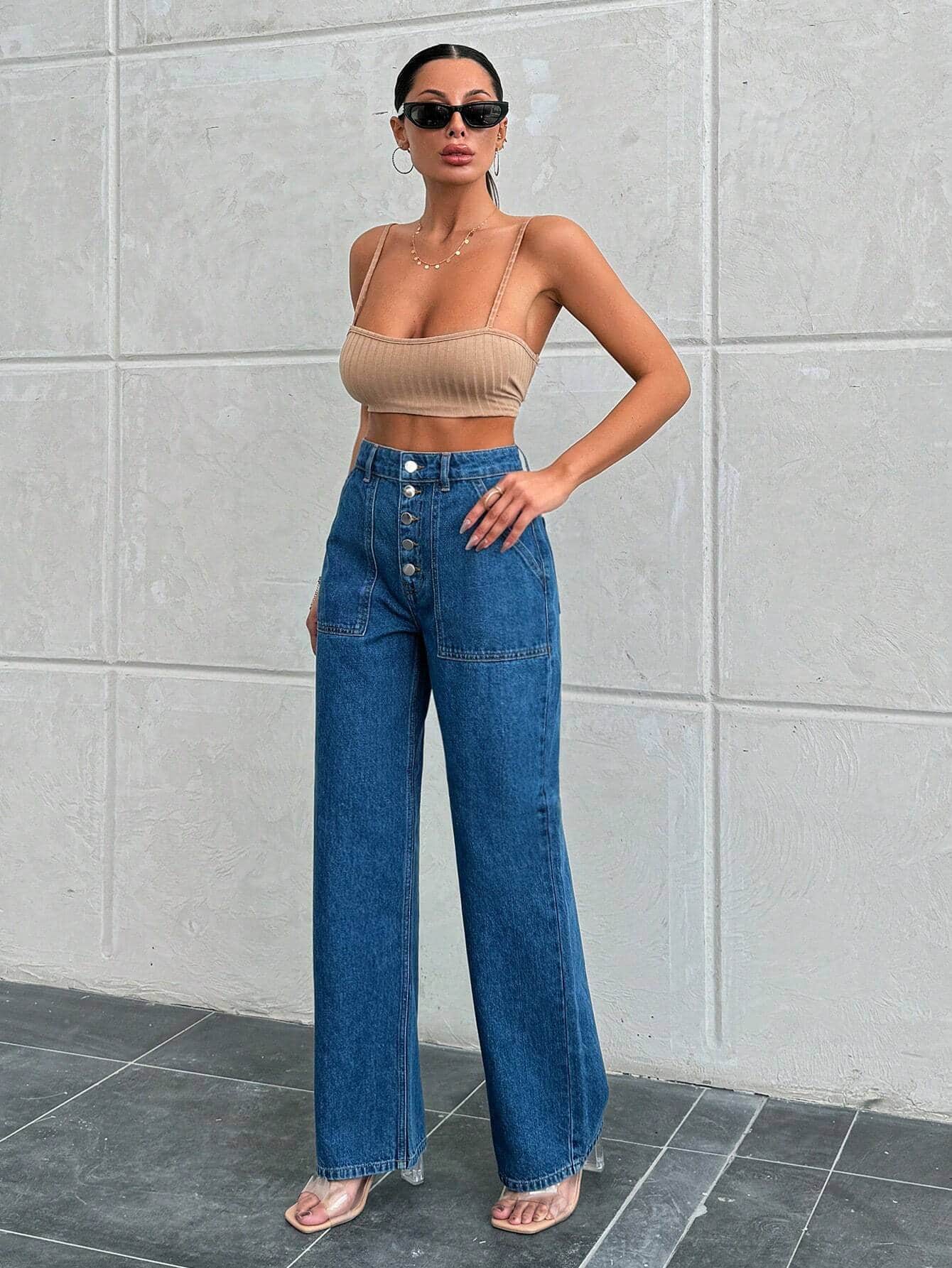 Vovikon KN 5 Düğme Yan Cepli Kot Mavi Boyfriend Bol Paça Kadın Jean