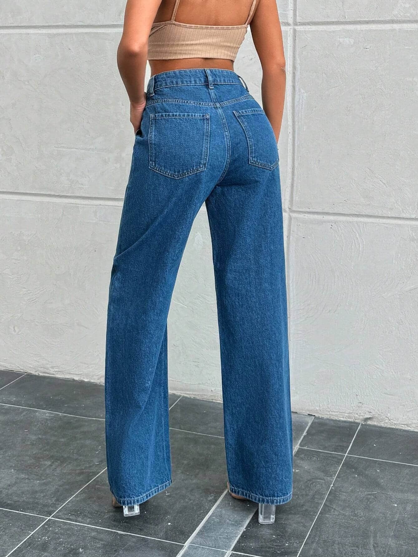 Vovikon KN 5 Düğme Yan Cepli Kot Mavi Boyfriend Bol Paça Kadın Jean