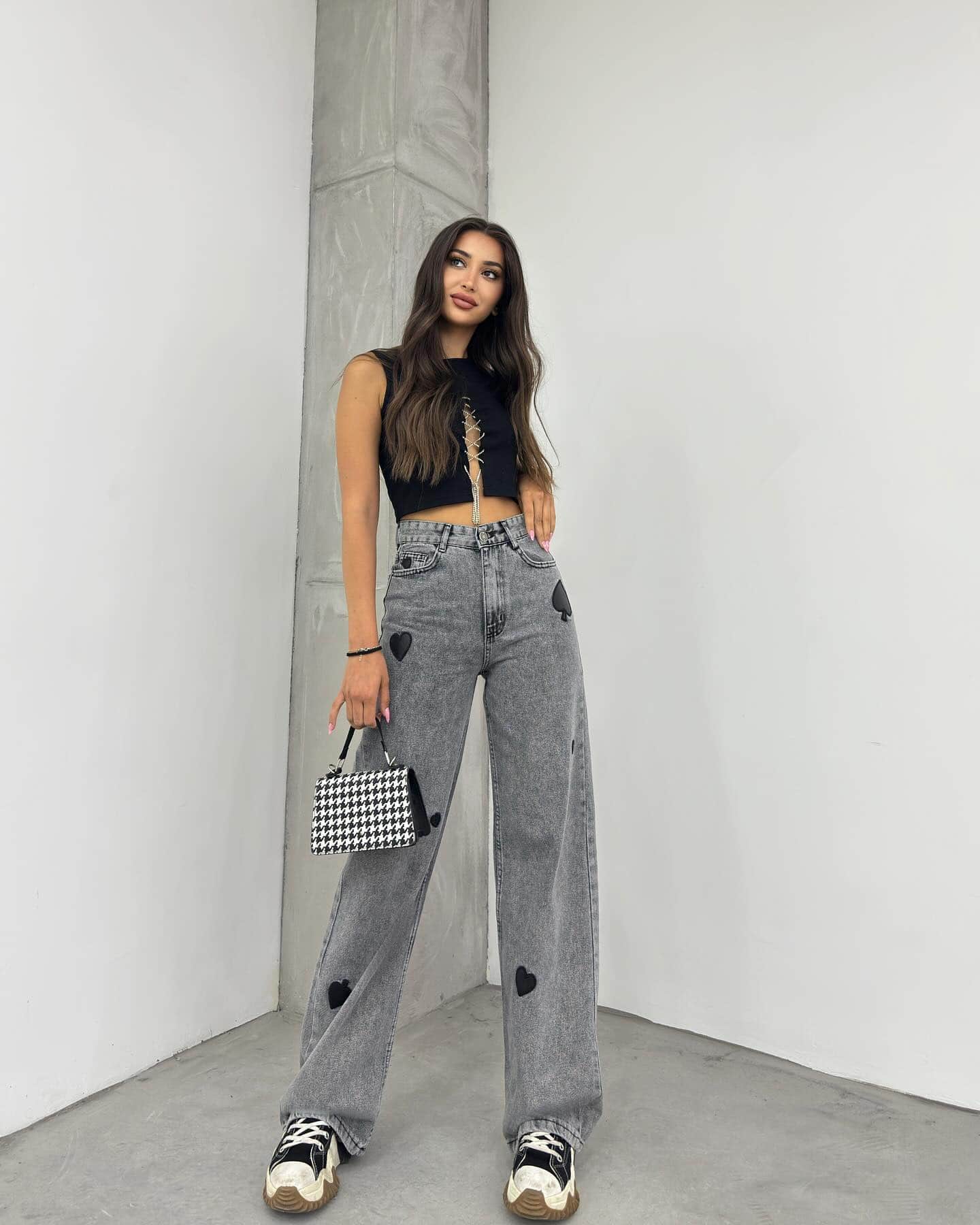 Vovikon KN Kalp Nakışlı Kar Siyah Kadın Boyfriend Bol Paça Jean Pantolon