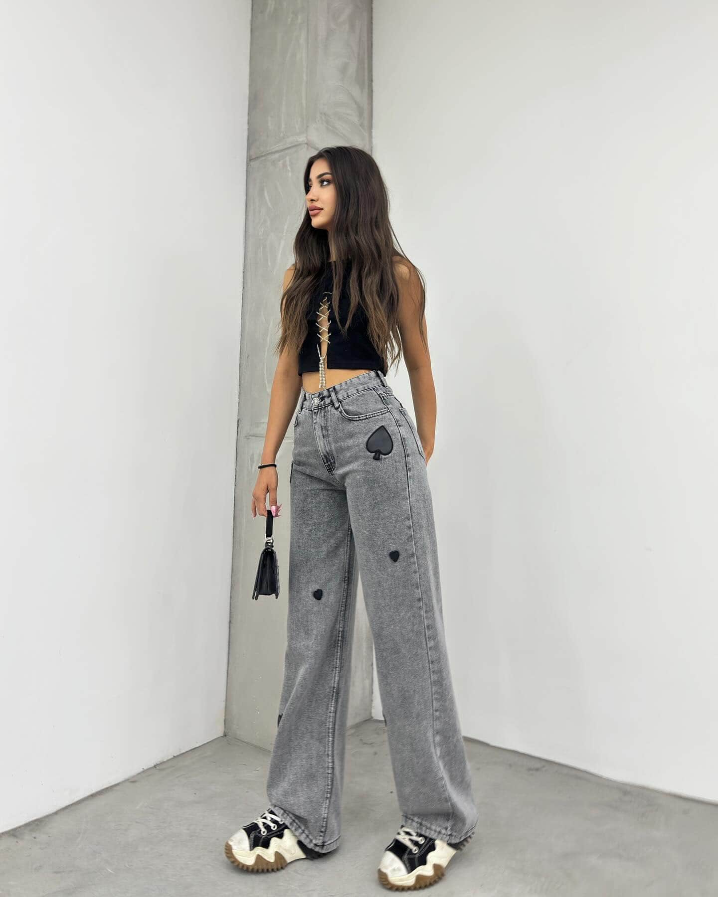 Vovikon KN Kalp Nakışlı Kar Siyah Kadın Boyfriend Bol Paça Jean Pantolon