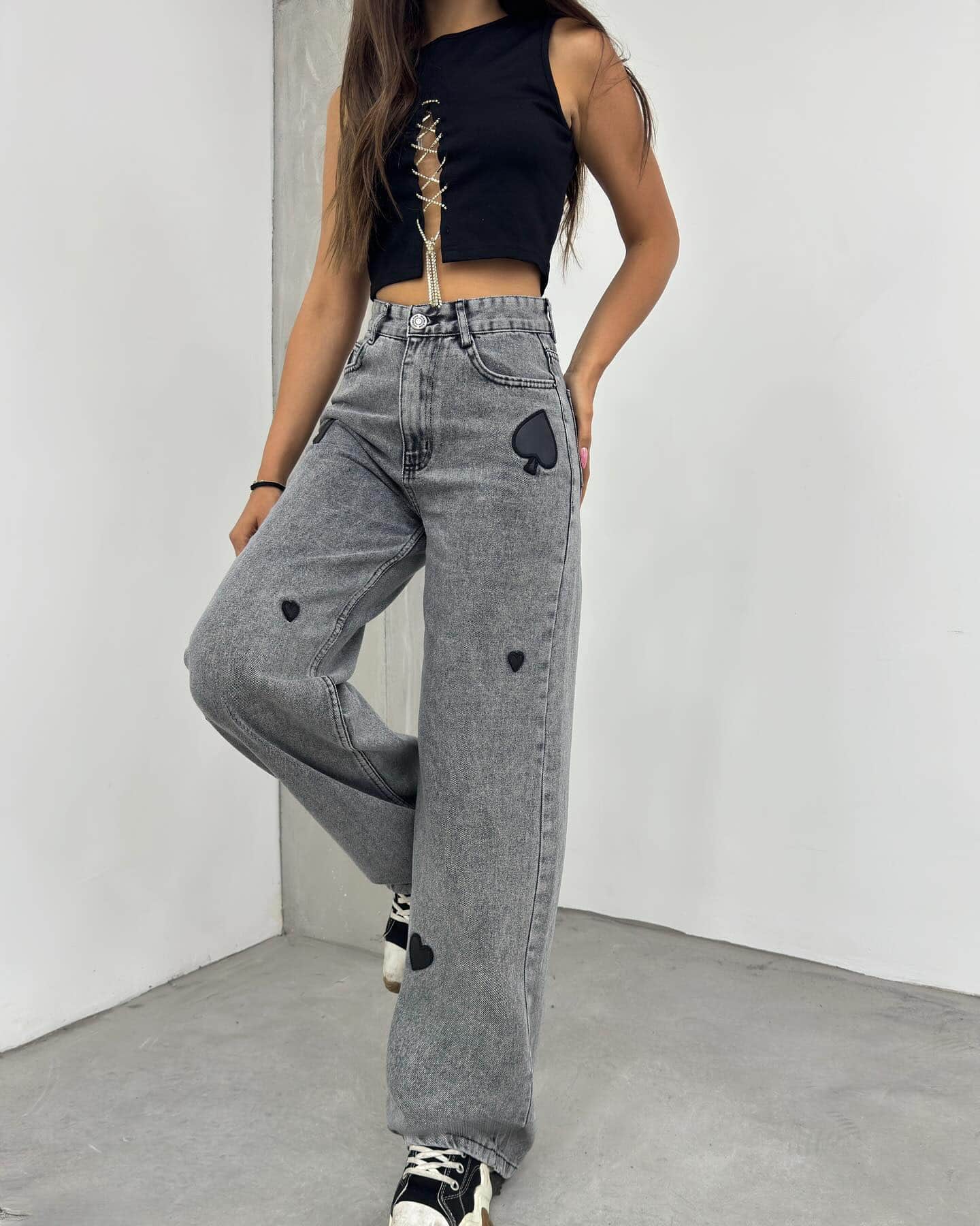 Vovikon KN Kalp Nakışlı Kar Siyah Kadın Boyfriend Bol Paça Jean Pantolon