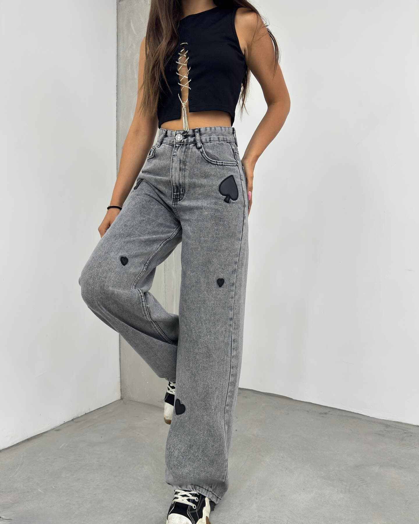 Vovikon KN Kalp Nakışlı Kar Siyah Kadın Boyfriend Bol Paça Jean Pantolon Vovikon KN Kalp Nakışlı Kar Siyah Kadın Boyfriend Bol Paça Jean Pantolon - Görsel 5