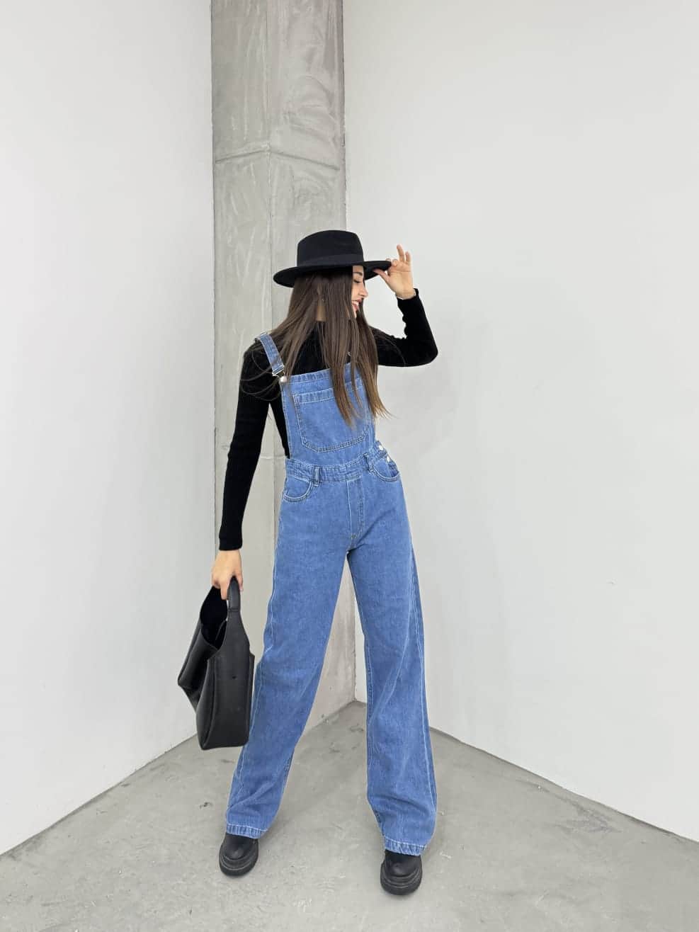 Vovikon KN Bahçıvan Mavi Ön Cepli Askılı Bol Paça Kadın Denim Tulum