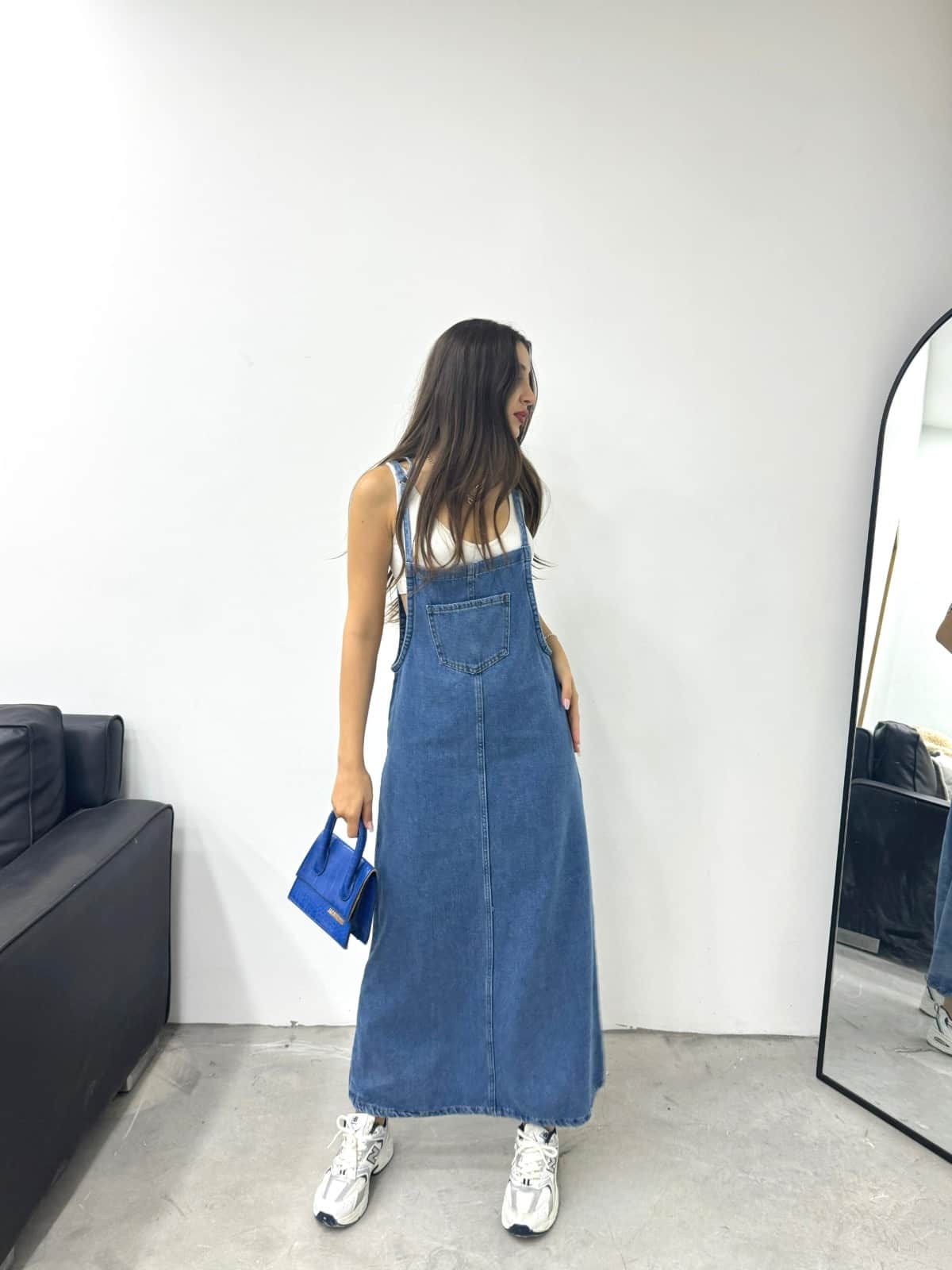 Vovikon KN Uzun Bahçevan Ön Cepli Askılı Mavi Denim Elbise