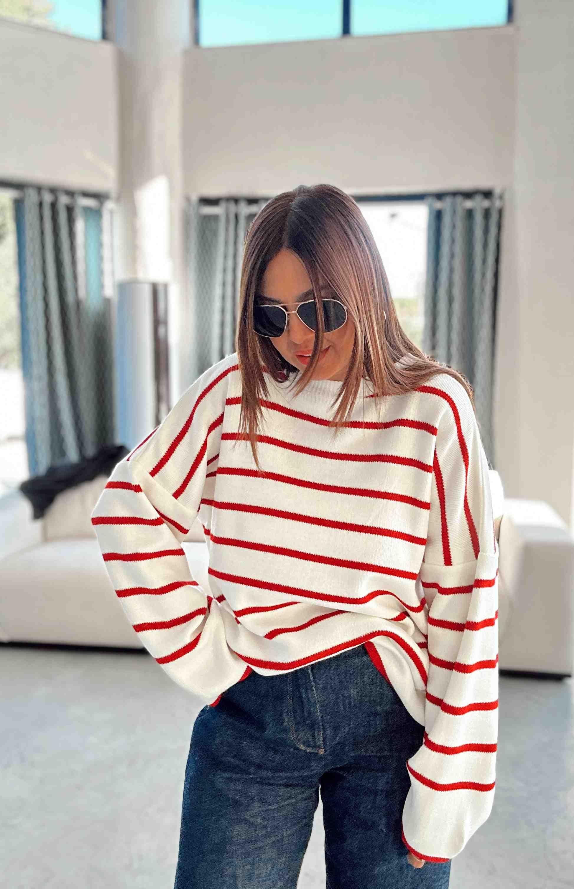 Vovikon Bisiklet Yaka Kırmızı İnce Çizgili Esnek Fit Size Triko Kazak Vovikon Bisiklet Yaka Kırmızı İnce Çizgili Esnek Fit Size Triko Kazak - Görsel 2