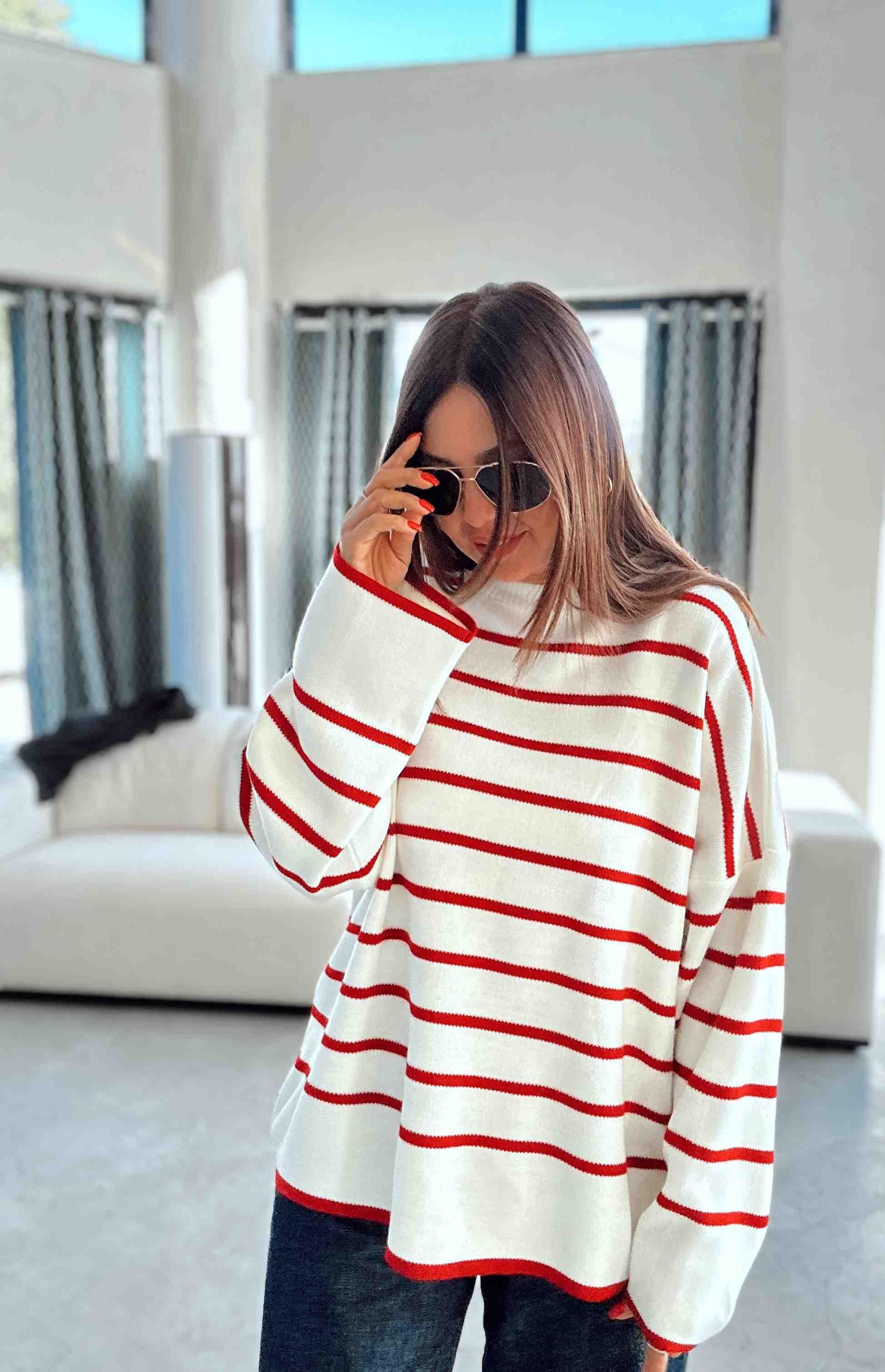 Vovikon Bisiklet Yaka Kırmızı İnce Çizgili Esnek Fit Size Triko Kazak Vovikon Bisiklet Yaka Kırmızı İnce Çizgili Esnek Fit Size Triko Kazak - Görsel 3