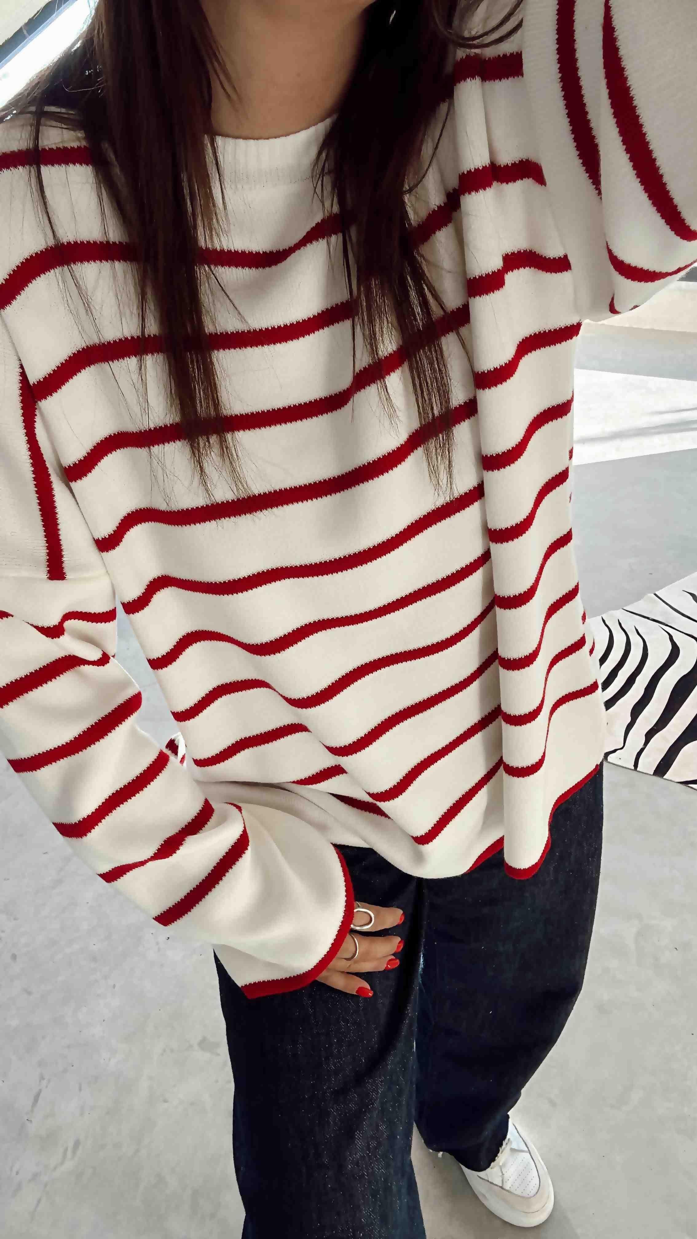 Vovikon Bisiklet Yaka Kırmızı İnce Çizgili Esnek Fit Size Triko Kazak Vovikon Bisiklet Yaka Kırmızı İnce Çizgili Esnek Fit Size Triko Kazak - Görsel 4