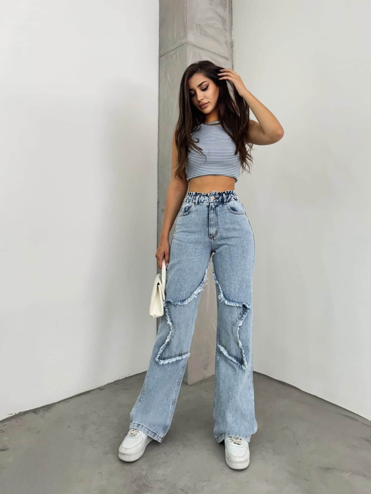 Vovikon KN Taş Yıkama Bacak Yıldız Boyfriend Bol Paça Jean