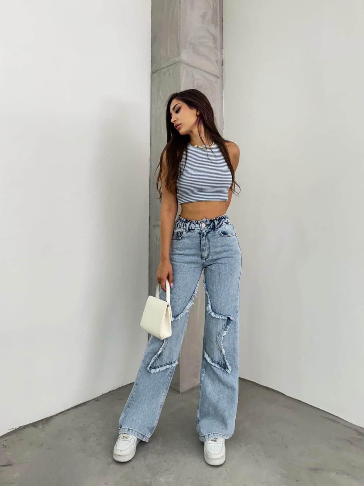 Vovikon KN Taş Yıkama Bacak Yıldız Boyfriend Bol Paça Jean