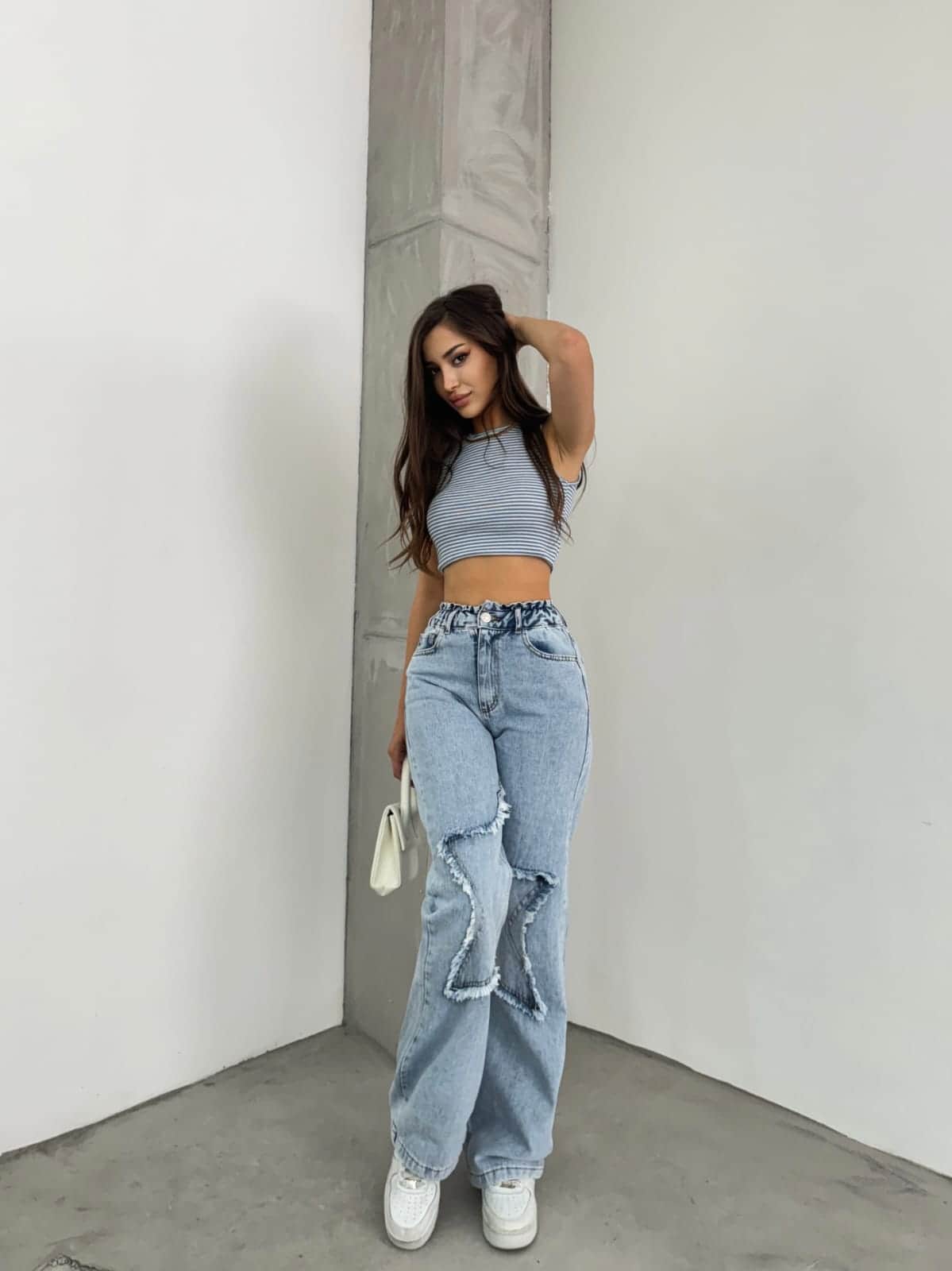 Vovikon KN Taş Yıkama Bacak Yıldız Boyfriend Bol Paça Jean