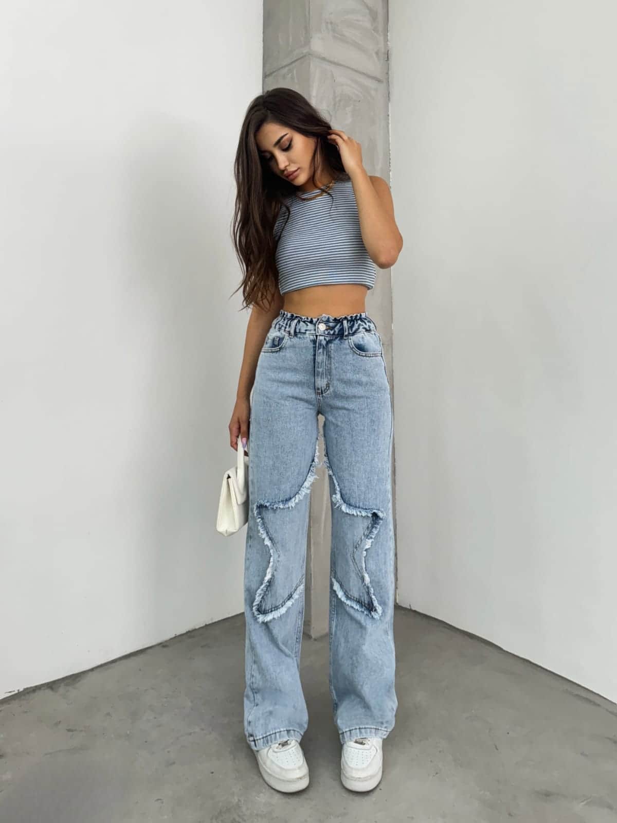 Vovikon KN Taş Yıkama Bacak Yıldız Boyfriend Bol Paça Jean