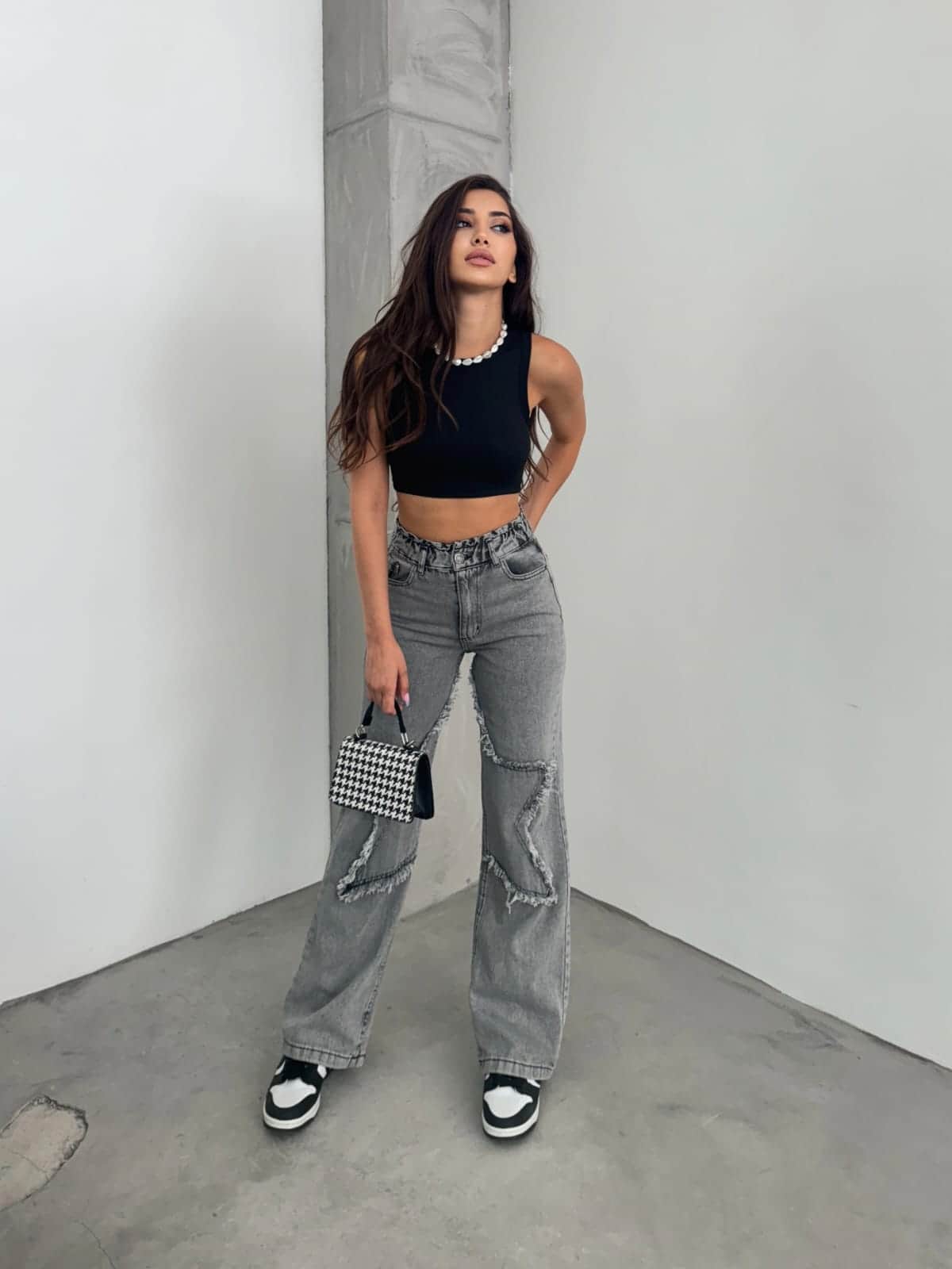 Vovikon KN Kar Siyah Bacak Yıldız Boyfriend Bol Paça Jean