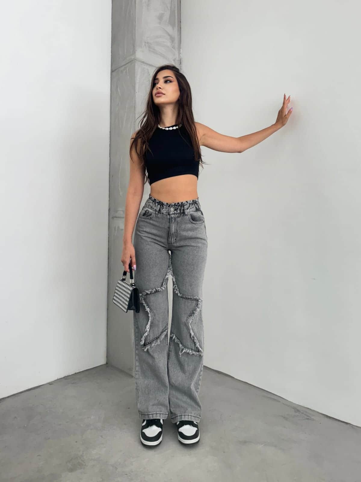 Vovikon KN Kar Siyah Bacak Yıldız Boyfriend Bol Paça Jean