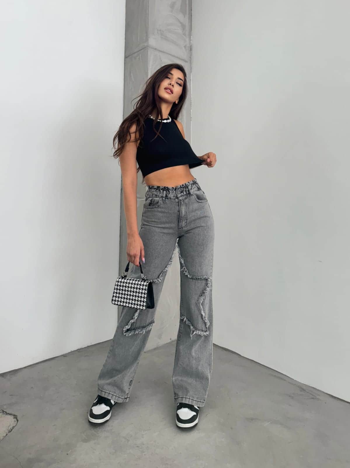 Vovikon KN Kar Siyah Bacak Yıldız Boyfriend Bol Paça Jean