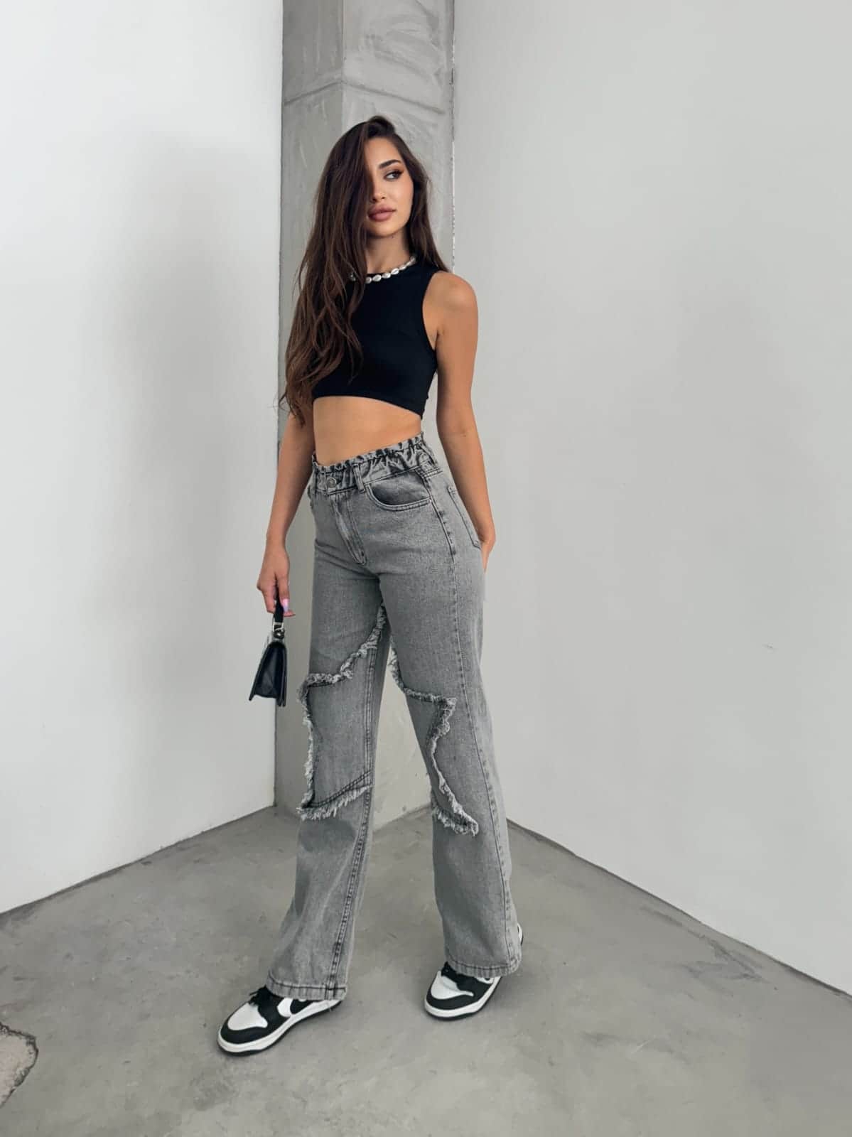 Vovikon KN Kar Siyah Bacak Yıldız Boyfriend Bol Paça Jean