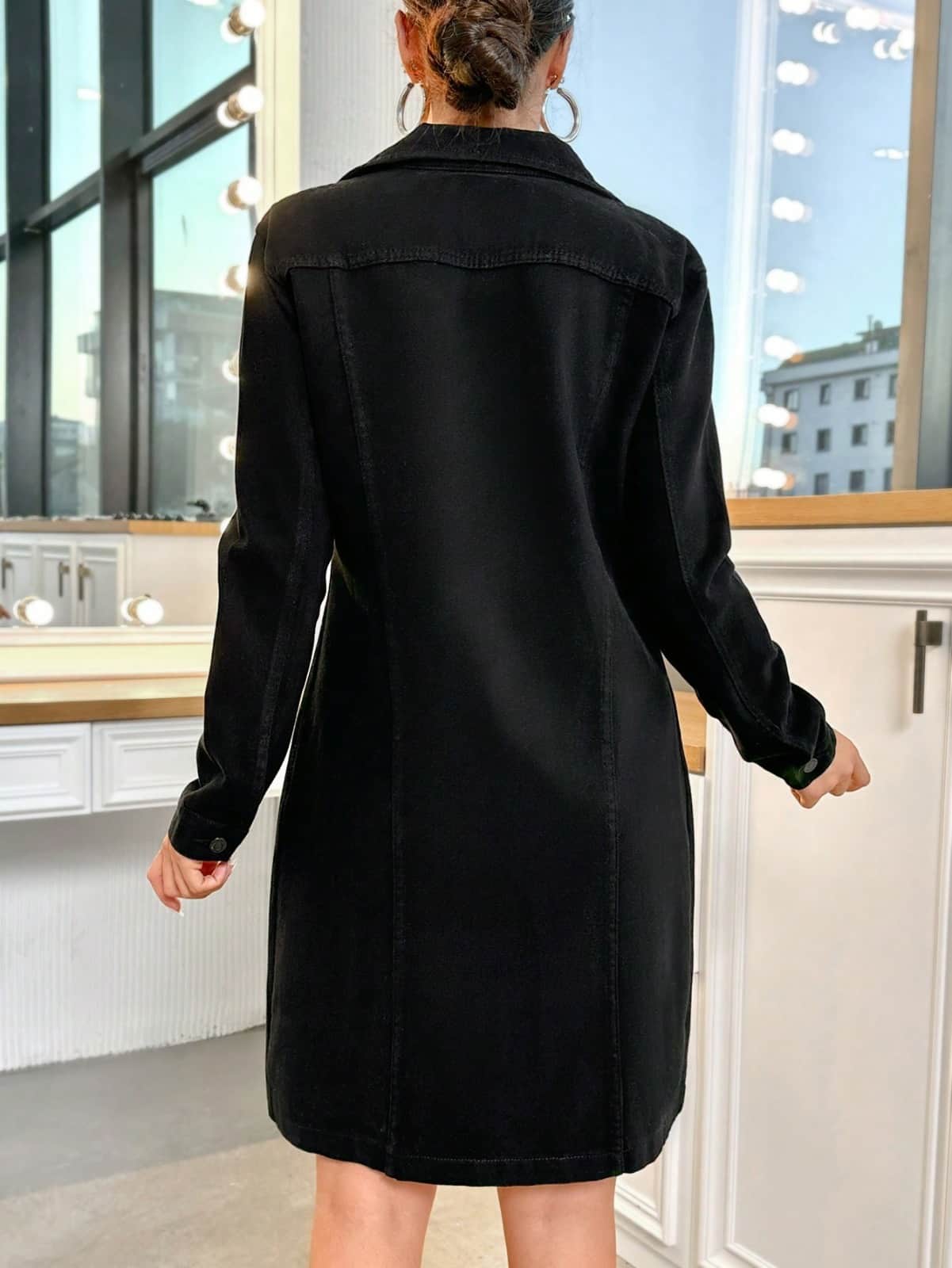 Vovikon KN Kuşaklı Denim Çift Cepli Siyah Kot Elbise