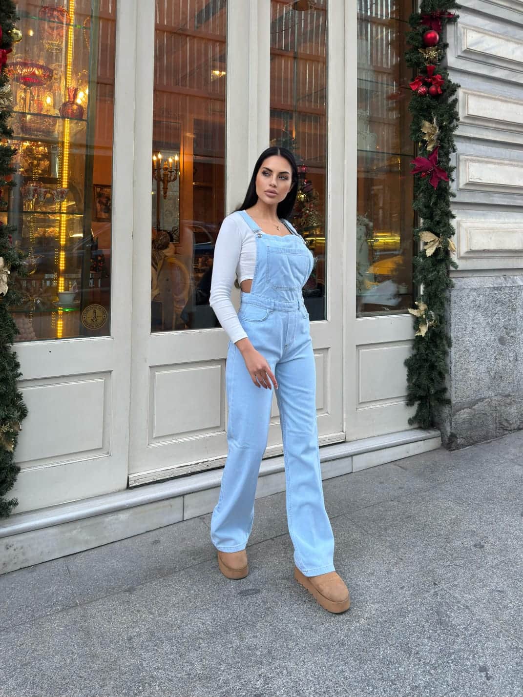 Vovikon KN Bahçıvan Buz Mavi Ön Cepli Askılı Bol Paça Kadın Denim Tulum