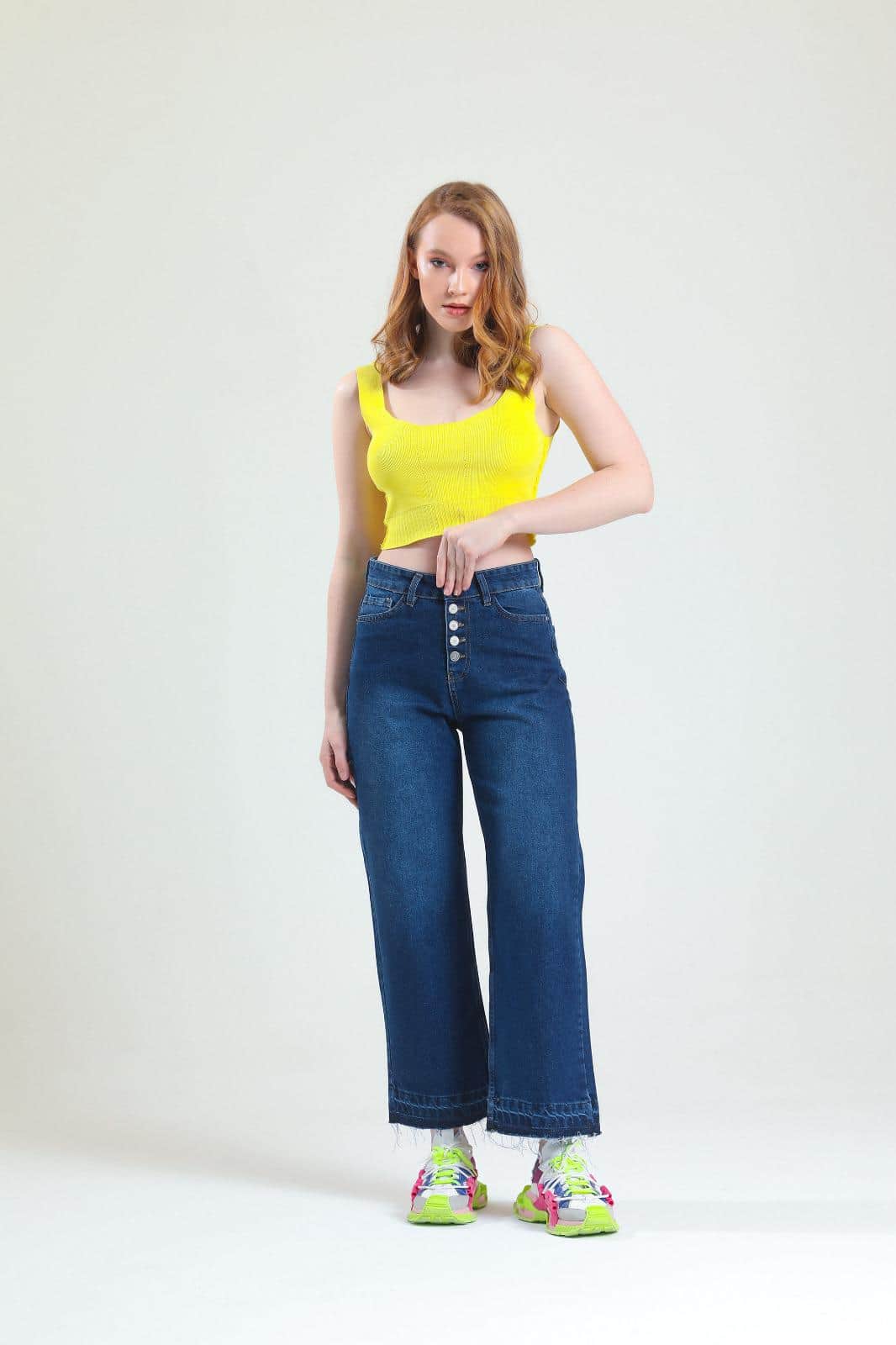 Vovikon Kn Paça Püsküllü Lacivert 5 Düğme Bol Paça Kadın Jean