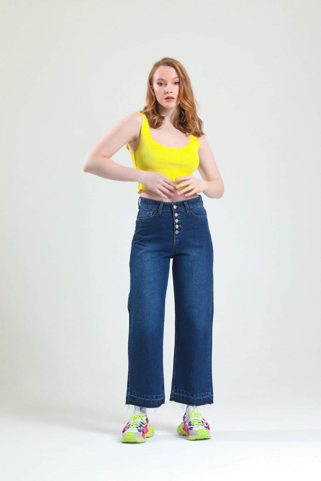 Vovikon Kn Paça Püsküllü Lacivert 5 Düğme Bol Paça Kadın Jean