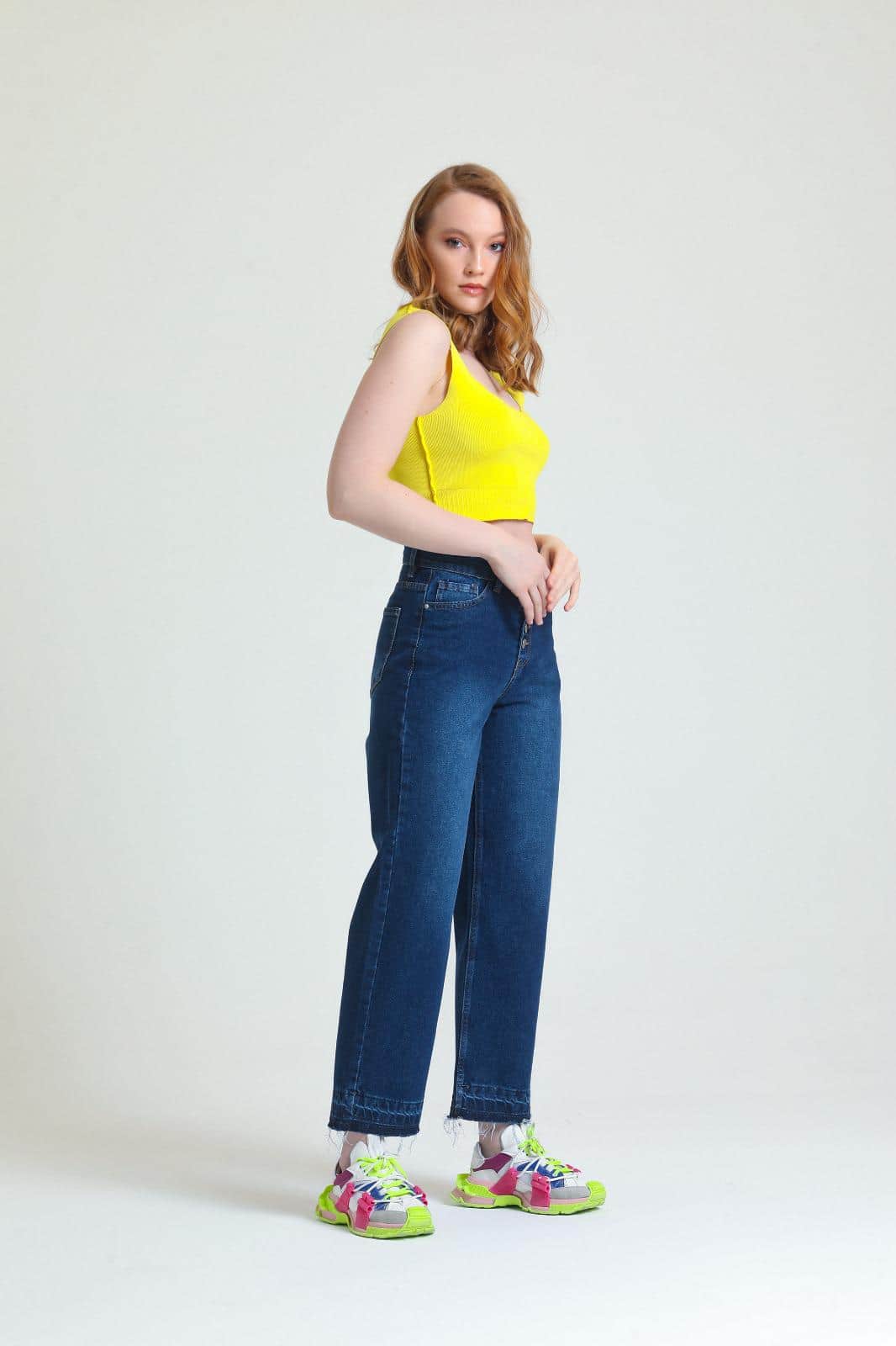 Vovikon Kn Paça Püsküllü Lacivert 5 Düğme Bol Paça Kadın Jean