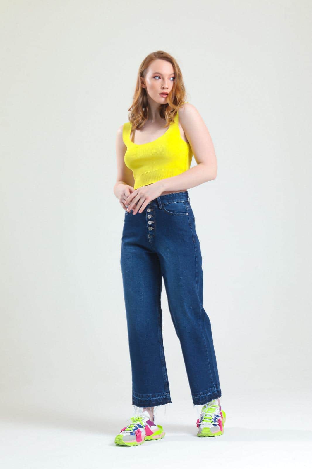 Vovikon Kn Paça Püsküllü Lacivert 5 Düğme Bol Paça Kadın Jean