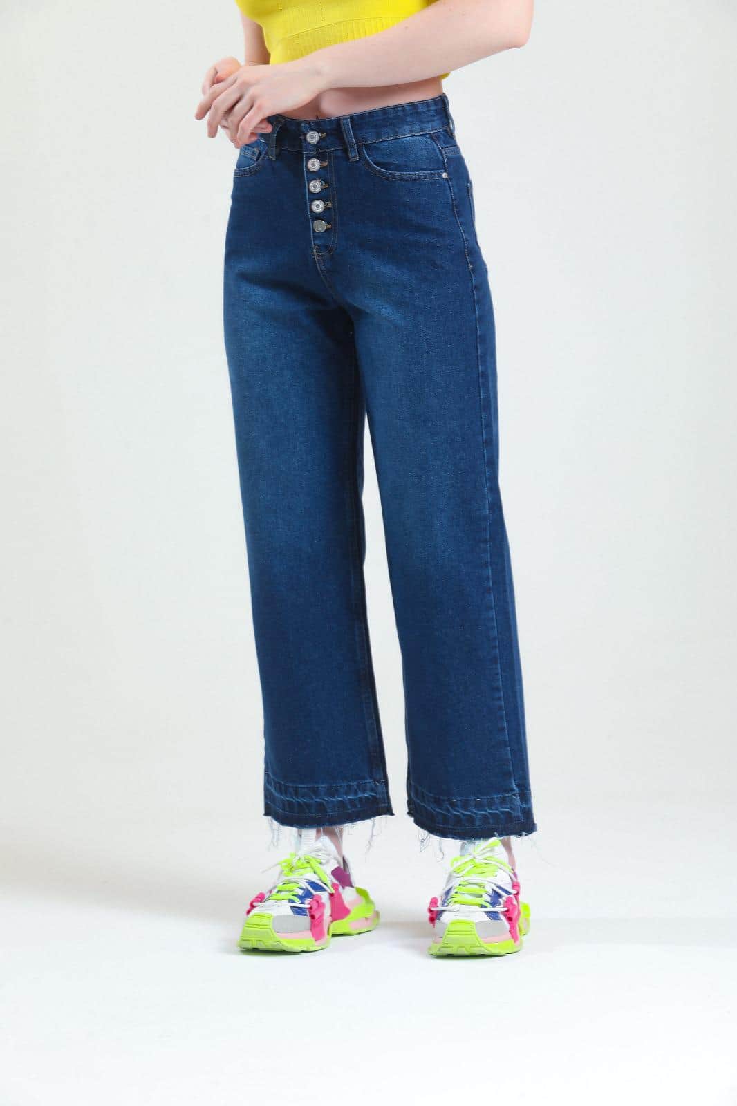 Vovikon Kn Paça Püsküllü Lacivert 5 Düğme Bol Paça Kadın Jean