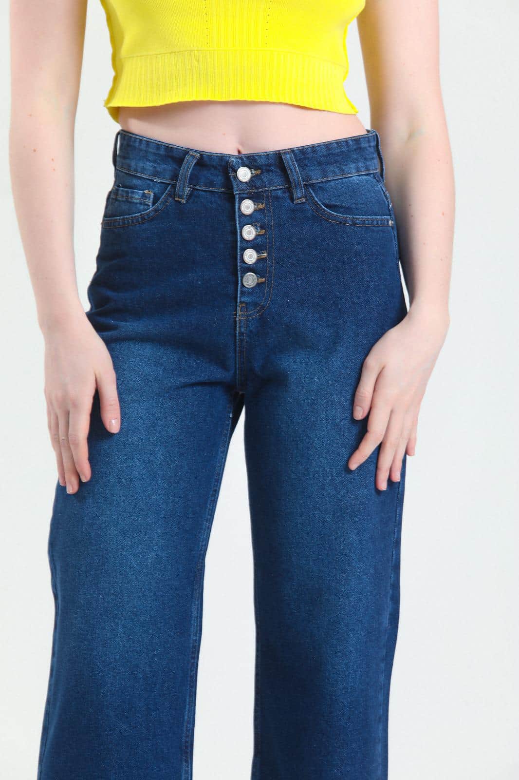 Vovikon Kn Paça Püsküllü Lacivert 5 Düğme Bol Paça Kadın Jean