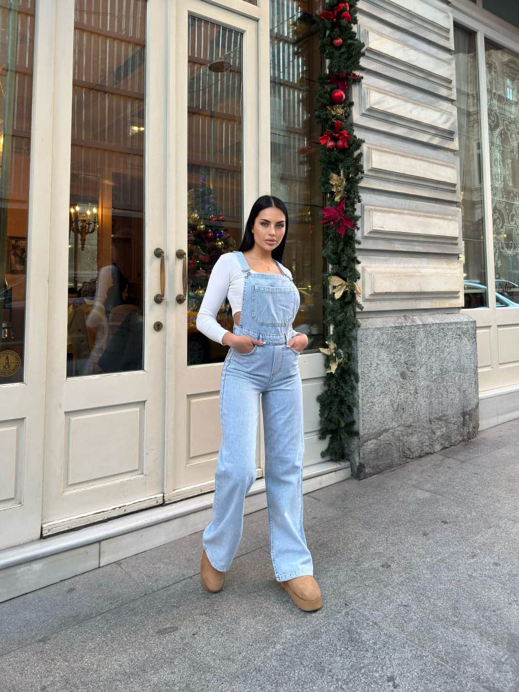 Vovikon KN Buz Kar Bahçıvan Ön Cepli Askılı Bol Paça Kadın Denim Tulum