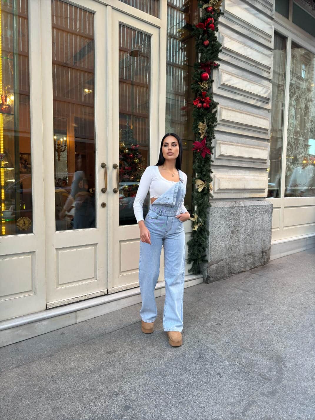 Vovikon KN Buz Kar Bahçıvan Ön Cepli Askılı Bol Paça Kadın Denim Tulum