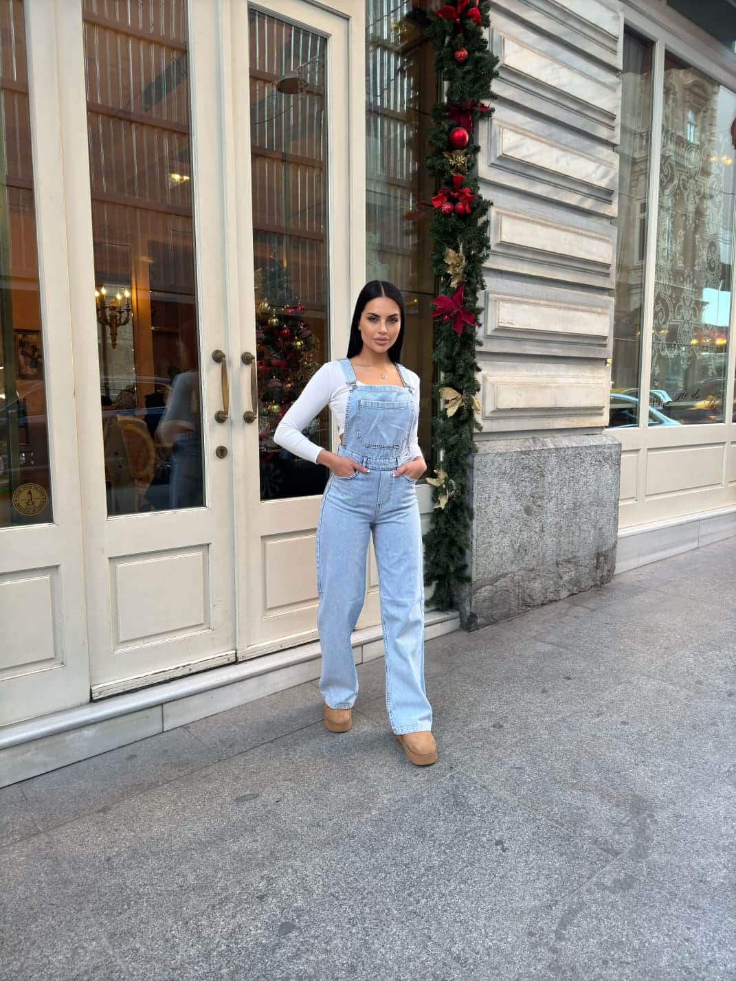 Vovikon KN Buz Kar Bahçıvan Ön Cepli Askılı Bol Paça Kadın Denim Tulum