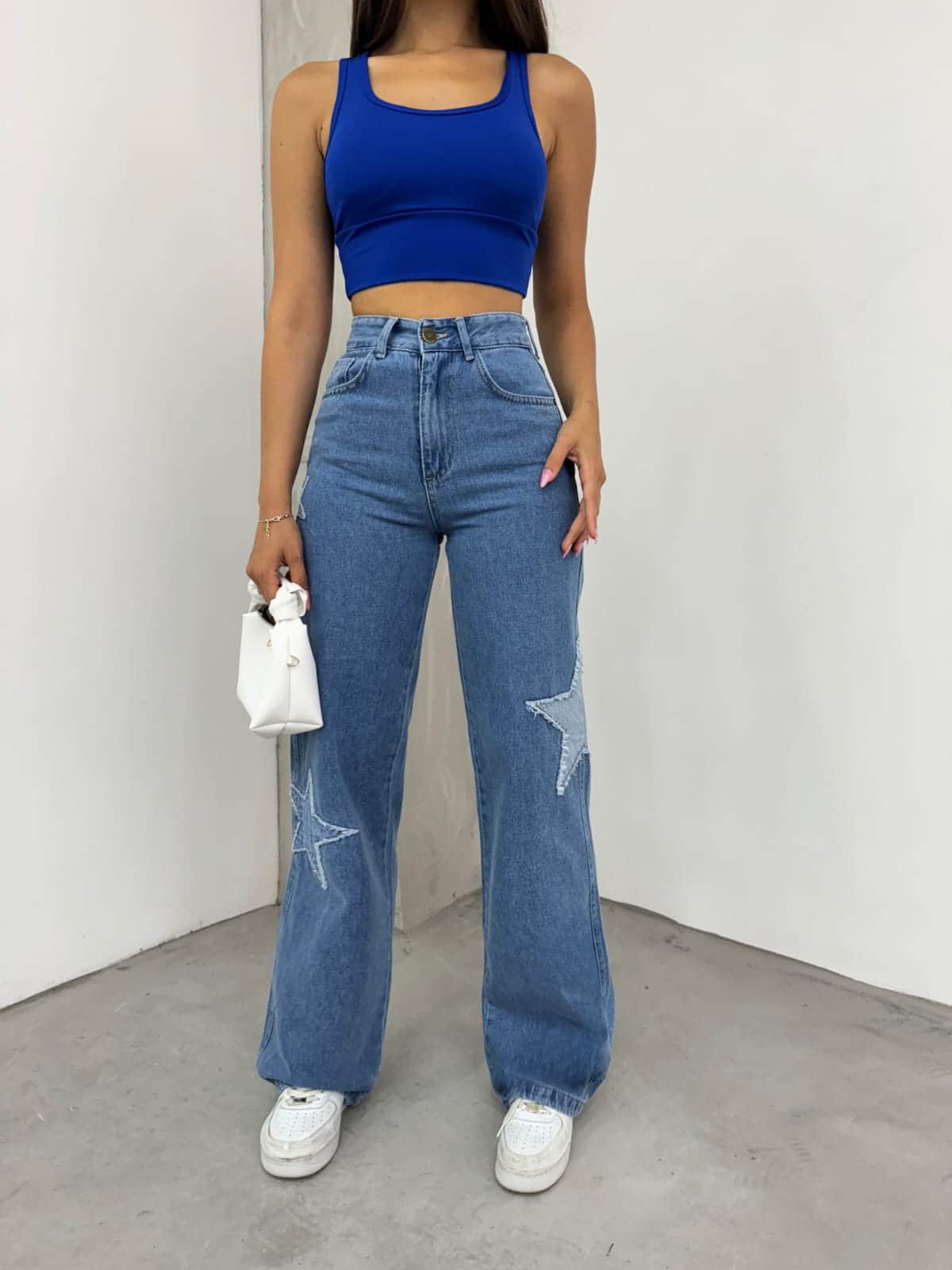 Vovikon Kn Yıldız Nakışlı Mavi Kadın Bol Paça Jean Pantolon