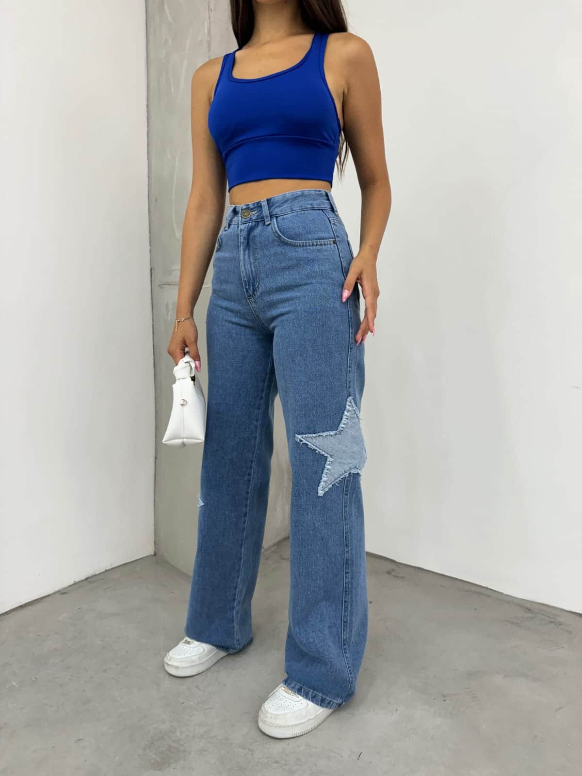 Vovikon Kn Yıldız Nakışlı Mavi Kadın Bol Paça Jean Pantolon