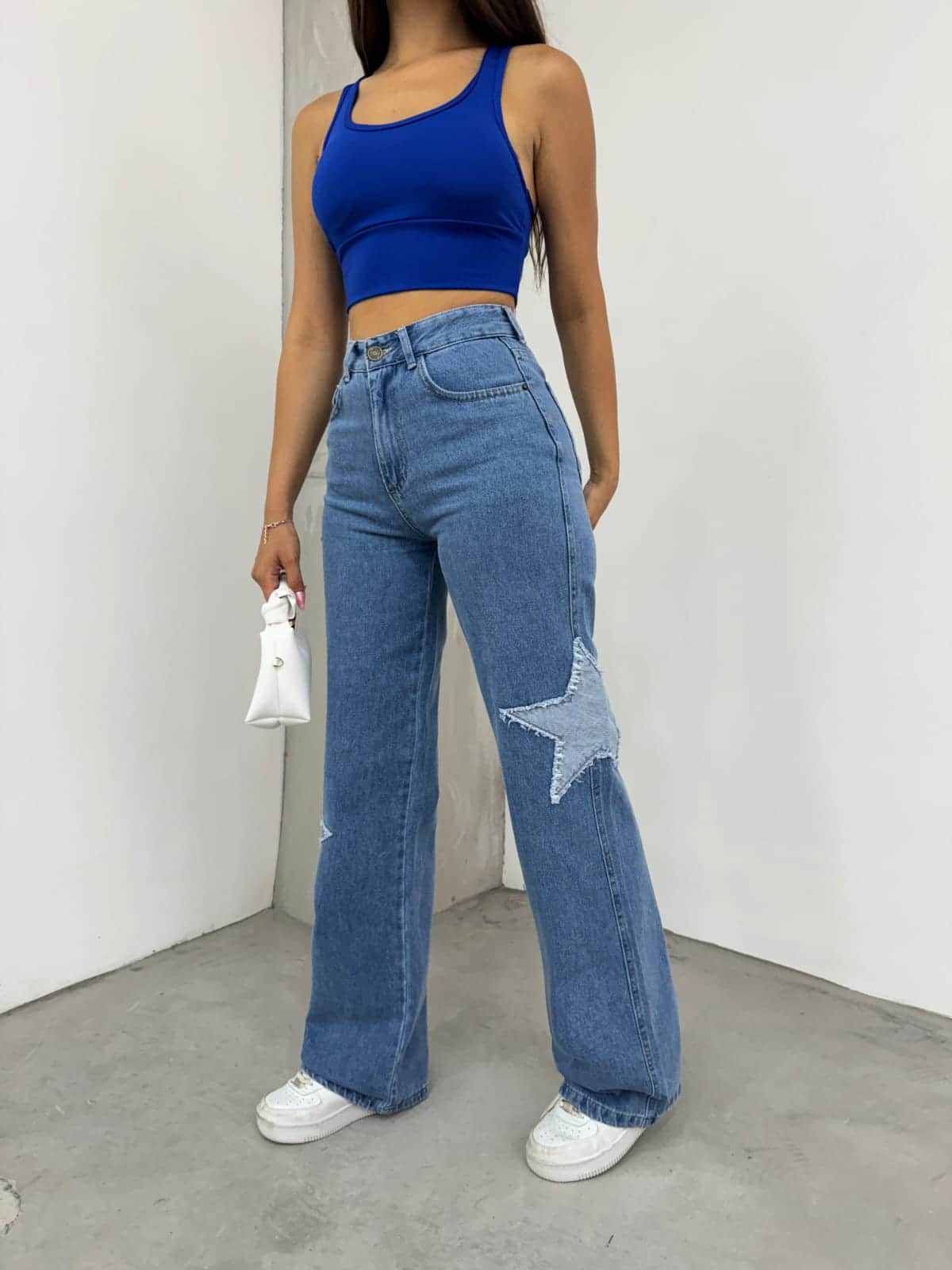 Vovikon Kn Yıldız Nakışlı Mavi Kadın Bol Paça Jean Pantolon