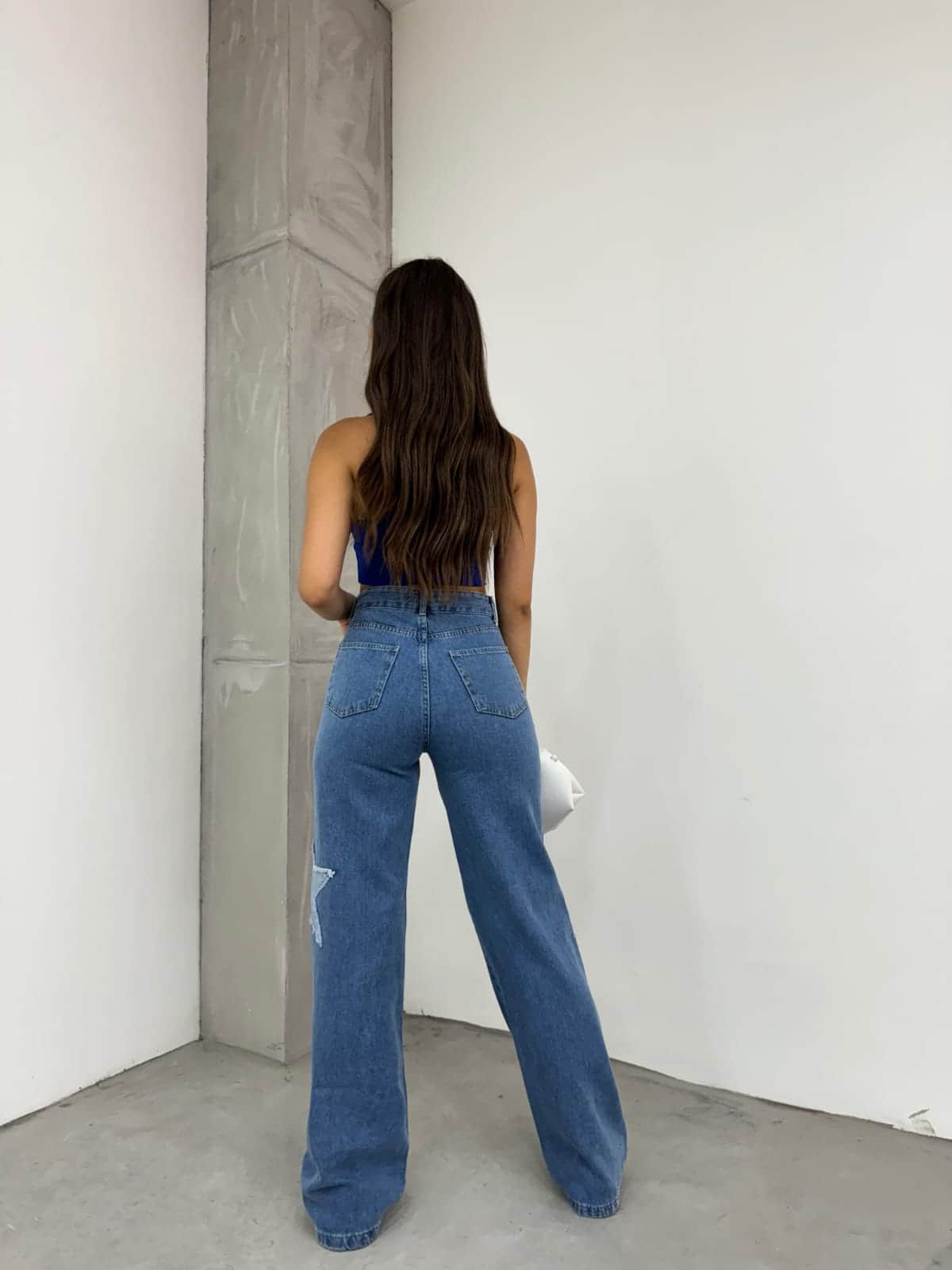 Vovikon Kn Yıldız Nakışlı Mavi Kadın Bol Paça Jean Pantolon