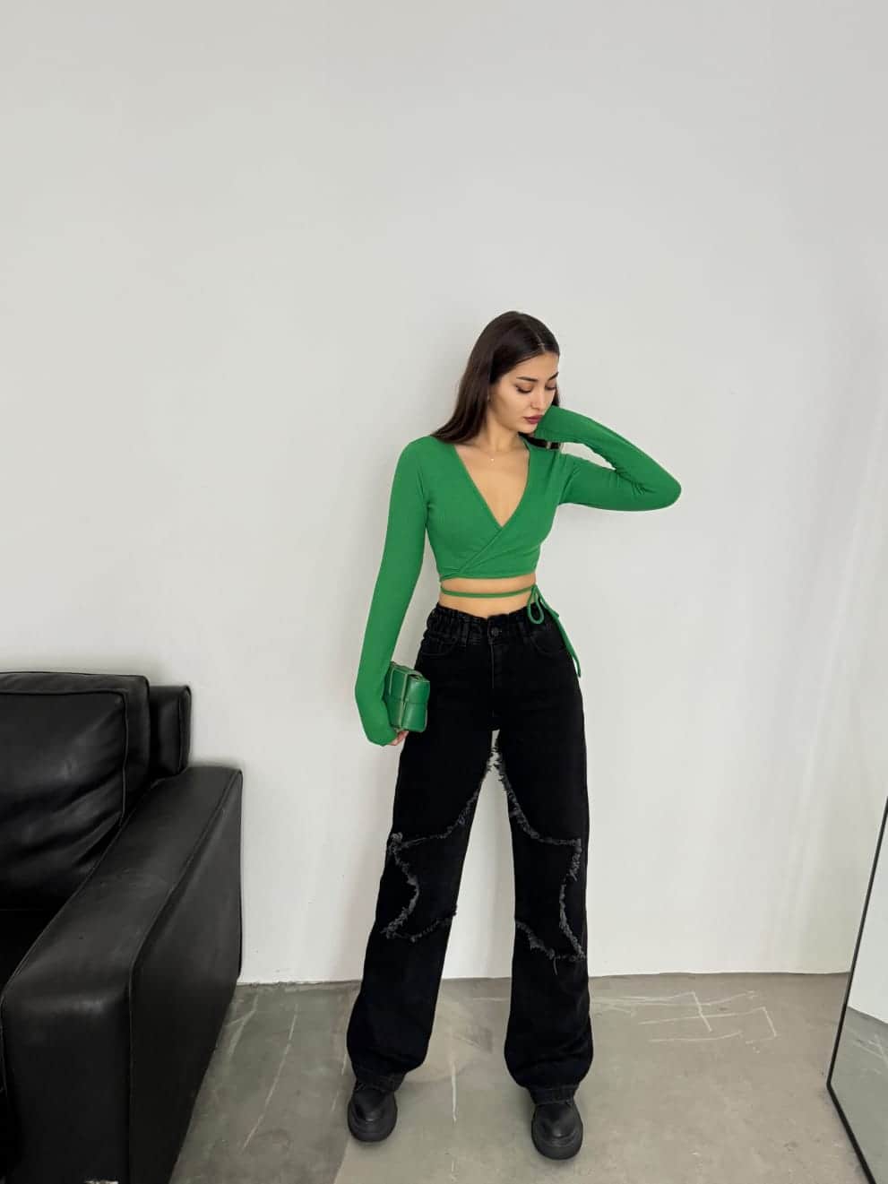 Vovikon Kn Siyah Bacak Yıldız Boyfriend Bol Paça Jean