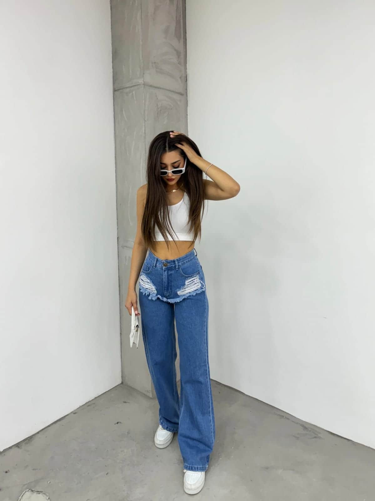 Vovikon Kn Mavi Ön Cep Altı Lazer Yırtık Bol Paça Jean