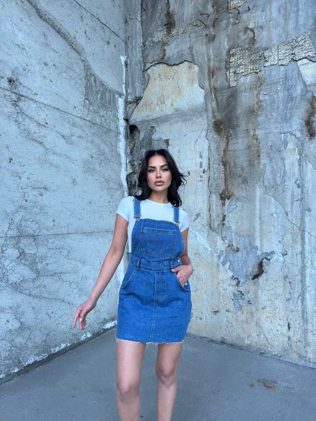 Vovikon KN Mavi Etek Ucu Kesik Püsküllü Bahçıvan Salopet Elbise