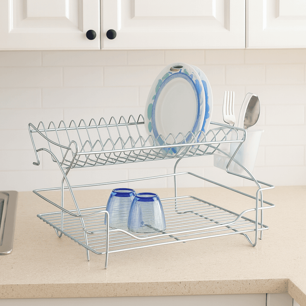 Vovikon Lüx Çift Katlı Tabaklık Krom Bulaşık Sepeti