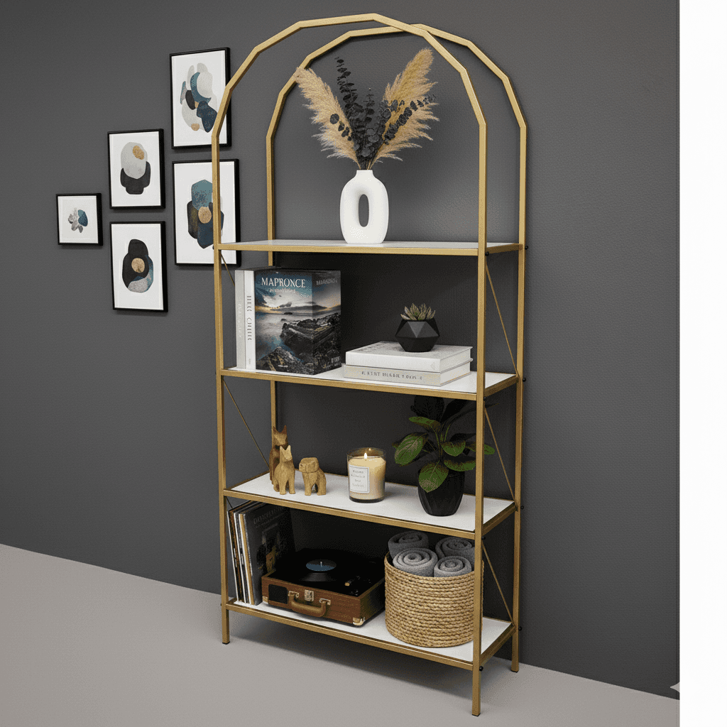 Metal Gold 4 Raflı Kitaplık Oval Sekizgen Çok Amaçlı Dolap