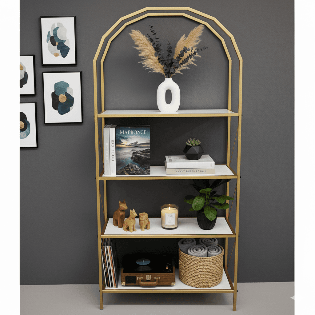 Metal Gold 4 Raflı Kitaplık Oval Sekizgen Çok Amaçlı Dolap